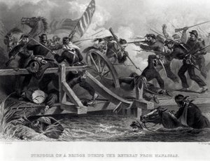 1862年7月、マナッサスからの撤退中の橋の上の闘争、W。リッジウェイによって彫刻 作： Felix Octavius Carr Darley